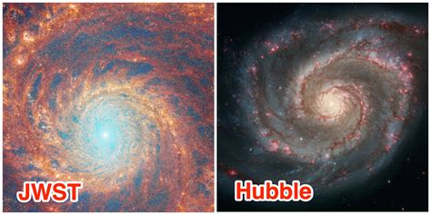 Side-by-side images of a whirlpool galaxy show details NASA's James ...