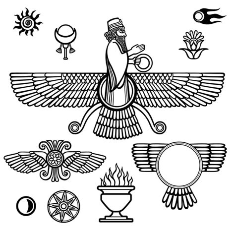 Image of the prophet Farvahar. Set of esoteric symbols. The black ...