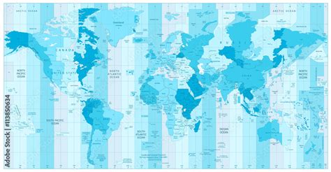 World Map with Standard Time Zones in colors of blue Stock Vector ...