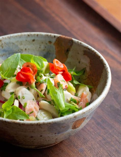 Cattail Rhizome Salad with Smoked Trout and Chickweed