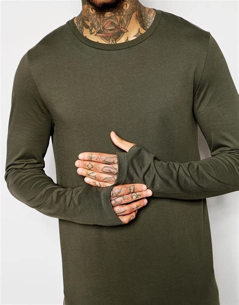 Lyst - Asos Longline Long Sleeve T-shirts With Thumbholes In Khaki in ...