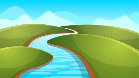 Landscape cartoon, illustration. River, sun, hill. 456503 Vector Art at ...