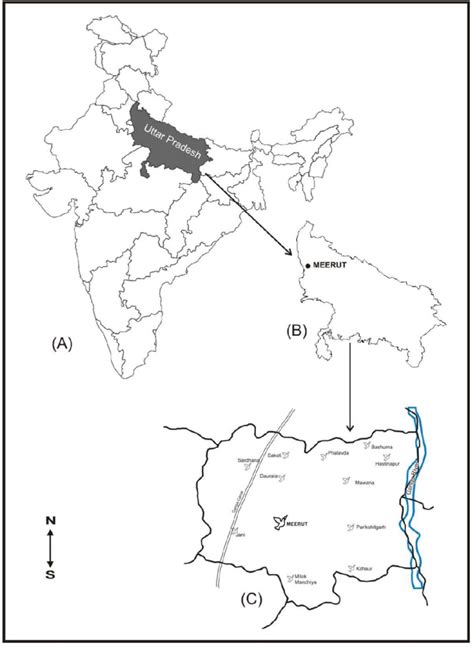 (A) Location of Uttar Pradesh state in India, (B) location of district ...