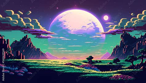 beautiful view of the blue moon landscape, pixel art style. generative ...