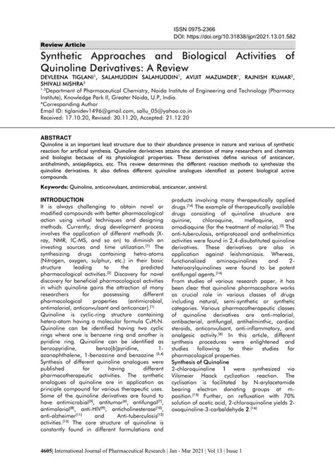 (PDF) Synthetic Approaches and Biological Activities of Quinoline ...