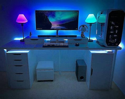 White L Shaped Desk Gaming Setup : Its monitor stand is elevated and ...