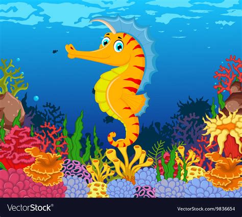 Funny seahorse cartoon with beauty sea life backgr