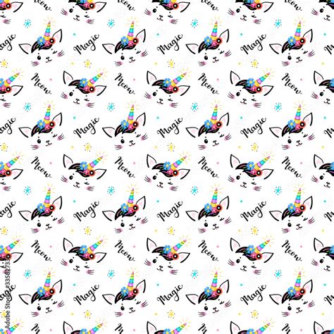 Cute Unicorn Cat Head with Floral Wreath and Lettering Seamless Pattern ...