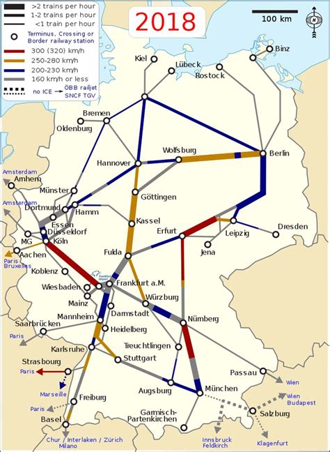 Map of the German ICE rail system, showing long-distance rail lines ...