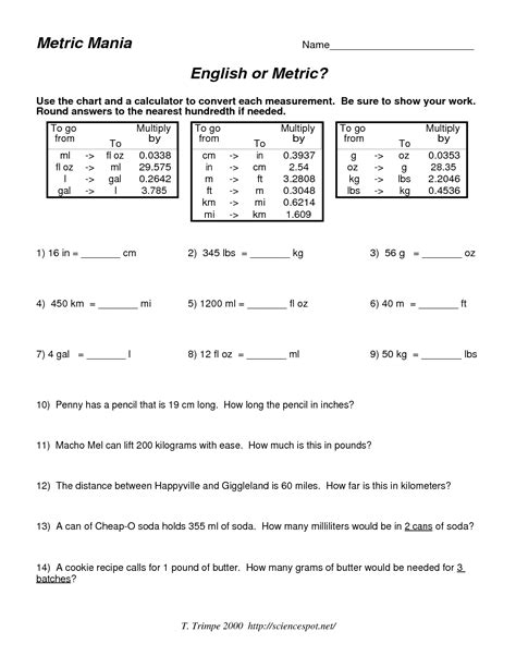 Metric Worksheet Answer Key