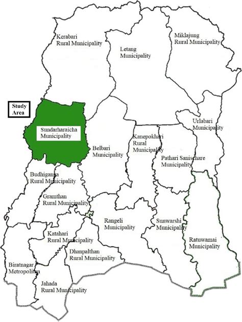 Map of Morang district province 1, Nepal, showing study area (green ...