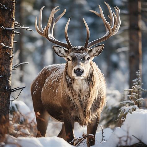 Premium AI Image | a deer is standing in the snow in front of some trees.