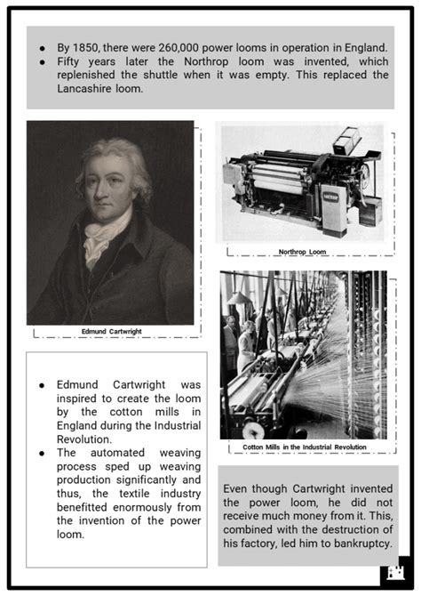 Power Loom Facts, Worksheets, Edmund Cartwright, Invention