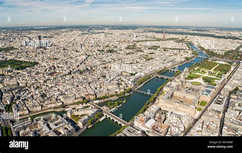 Aerial view of Paris, France with on the front the Louvre Stock Photo ...