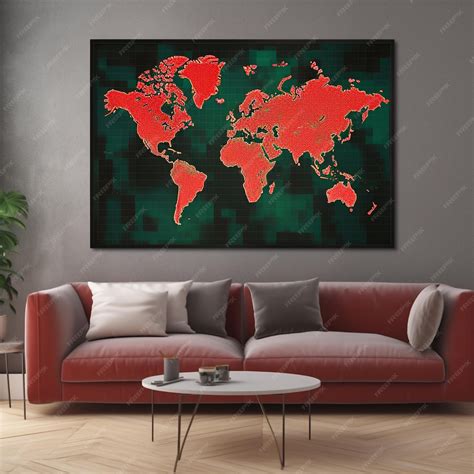 Premium AI Image | A red world map is hanging on a wall in a living room.