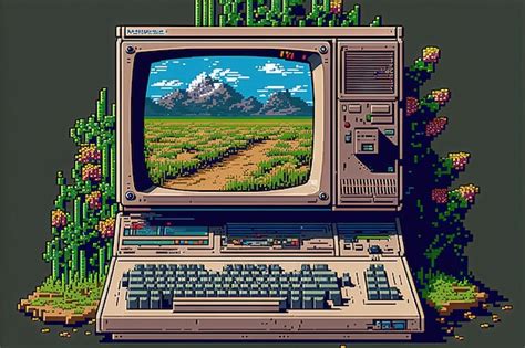 Premium Photo | Pixel art old computer with landscape wallpaper ...