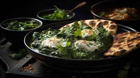 Premium AI Image | Indian palak paneer with naan bread Generative AI