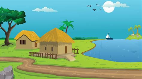 Village cartoon background illustration with sun, cottage, lake, trees ...