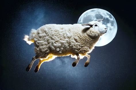 Cute Sheep Flying on Night Starry Sky with Moon. Concert of Children S ...