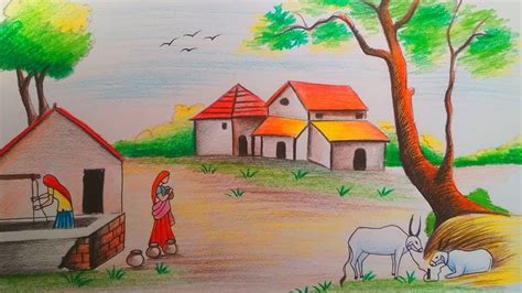 Village scenery drawing with Color pencil//Landscape scenery painting ...