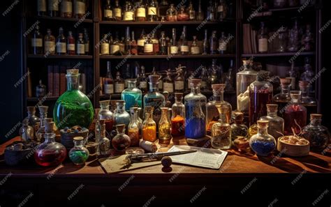 Premium AI Image | A table full of bottles with a bottle of potion and ...