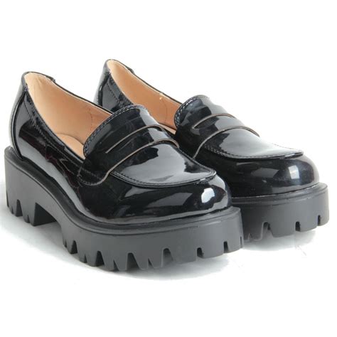 women ladies cleated chunky platform sole flat loafer black patent ...