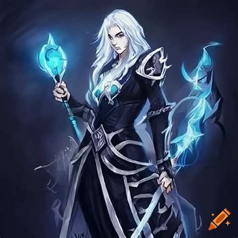 A powerful mage with a magic staff, hyper long white hair, fantasy art ...