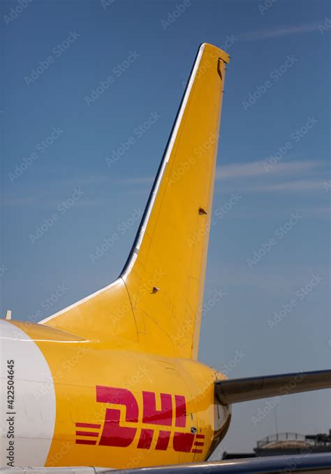 KYIV, UKRINE-MAY 7, 2019: DHL logo symbol on the tail of a airplane ...