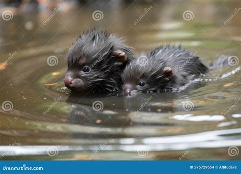 Baby Otter Swimming with Its Sibling, Their Arms Entwined Stock ...