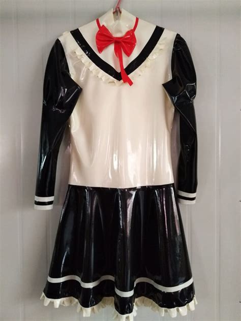 100% Latex Rubber schoolgirl uniforms Cute Skirt Cosplay Drees Size S ...