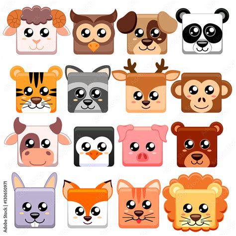 Cute cartoon animals head square shape. Bear, cat, dog, pig, rabbit ...