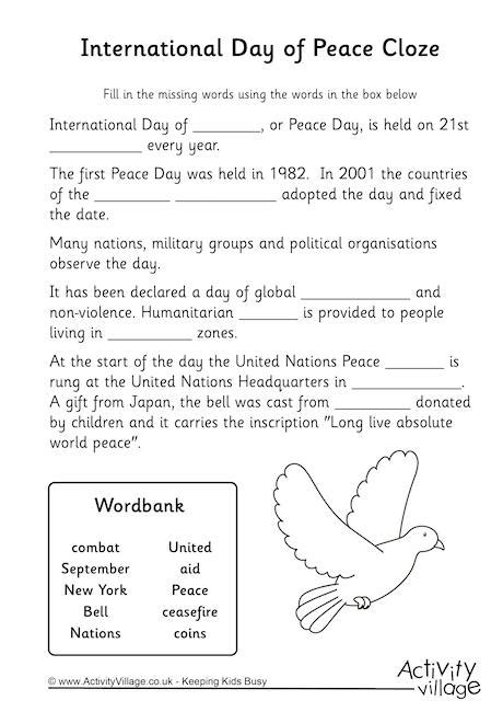 Peace Day For Kids | Free Worksheets Samples