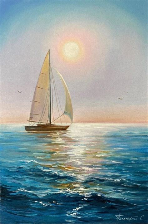 Sailing Ship Sea Oil Painting, Blue Ocean Waves, Original Boat Wall Art ...