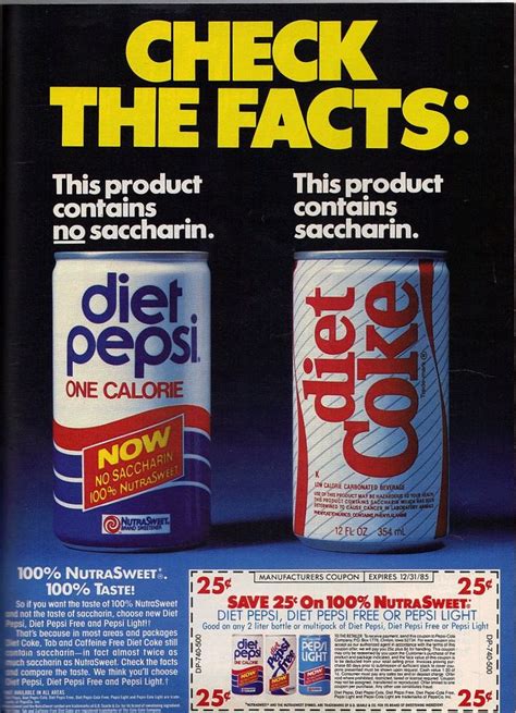 Diet Pepsi vs Diet Coke 100% NutraSweet 100% Taste 1985 Ad w/Coupon ...