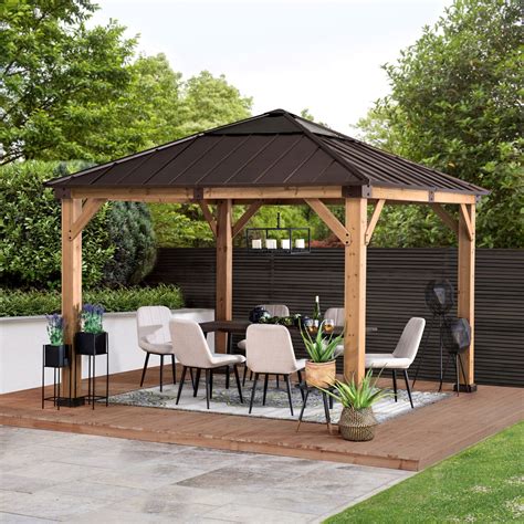 Sunjoy Permanent Cedar Gazebo – Square – Polycarbonate Top – 11.08-ft x ...