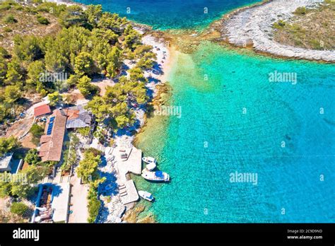 Mlini beach on Pakleni Otoci islands aerial view, Dalmatia region of ...