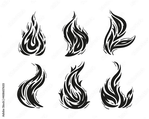 Vector Set of Fire Flame Silhouettes. Black and White Fire Flames ...