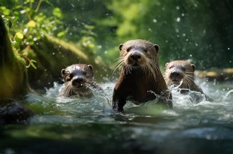 Premium AI Image | Group playful otters swimming in the river