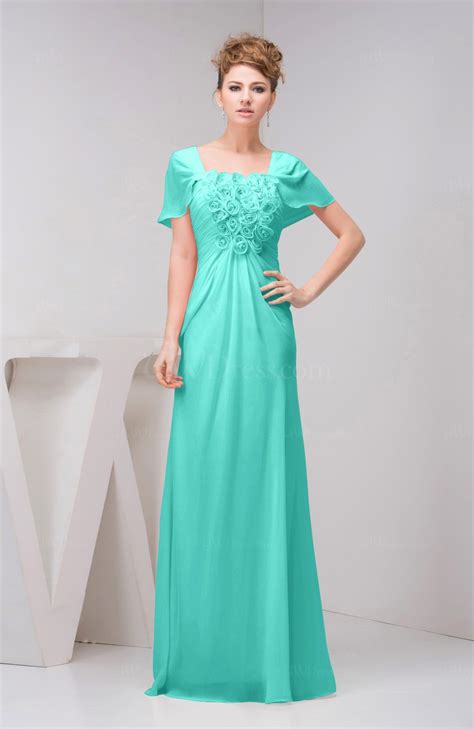 Blue Turquoise with Sleeves Bridesmaid Dress Chiffon Fall Casual ...