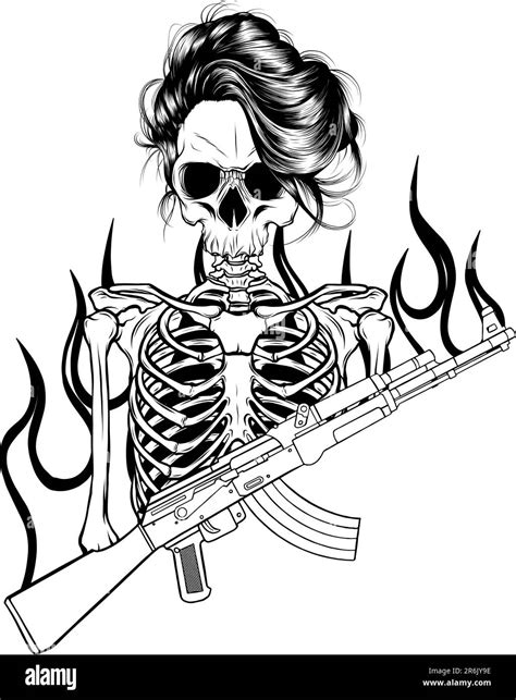 Monochrome military skeleton with flames holding assault rifle. vector ...