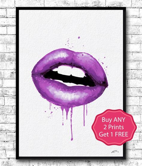 Purple Lips Watercolor Print Kiss Print Fashion by ArtsPrint