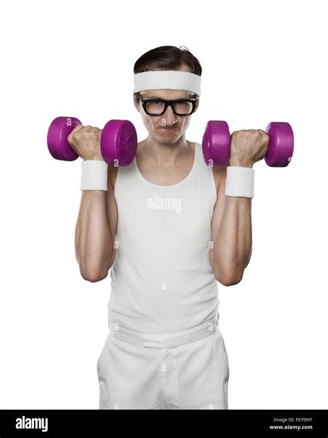 Funny sport nerd lifting weights isolated on white background Stock ...