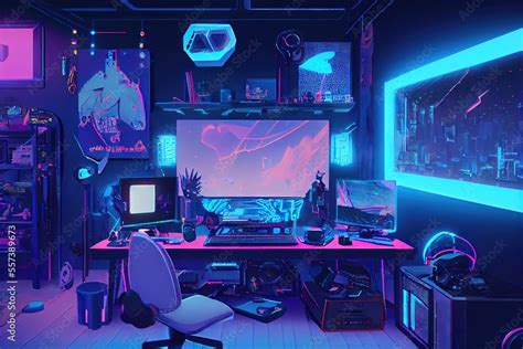 Modern Video Game Streamer Room - colorful blue and pink neon-colored ...