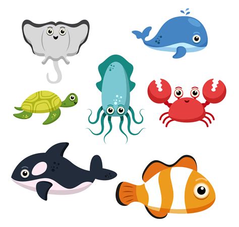 Set of sea creatures on white background vector 5087533 Vector Art at ...