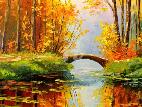 Bridge In The Autumn Forest, Painting by Olha | Artmajeur