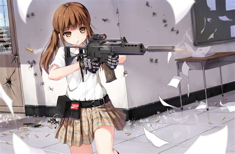 Armed Anime Girl in Action - HD Wallpaper by ☆受菟_