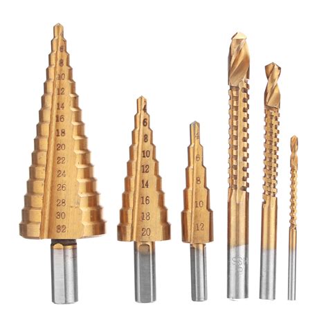 6pcs HSS Cone Reduced Shank Drill Bit Set Step Drill Bits with Saw ...