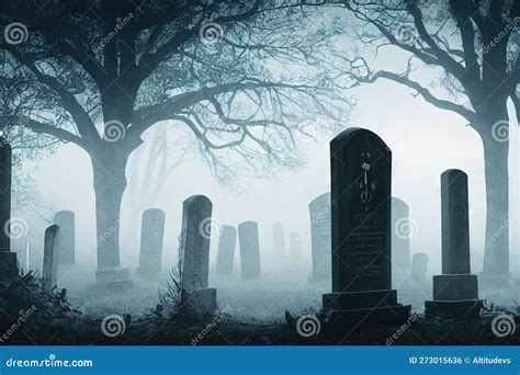 Spooky Old Cemetery with Fog and Trees Stock Illustration ...