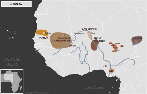 Historical map of West Africa, c. 1100 AD, showing the old Ghana Empire ...