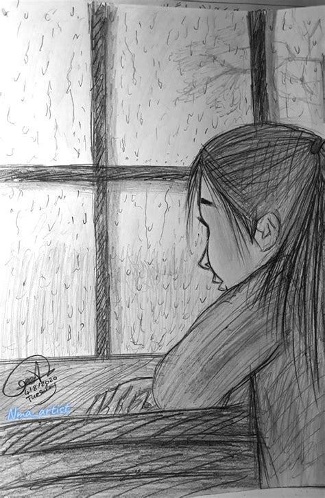 Sad Girl In Rain Drawing